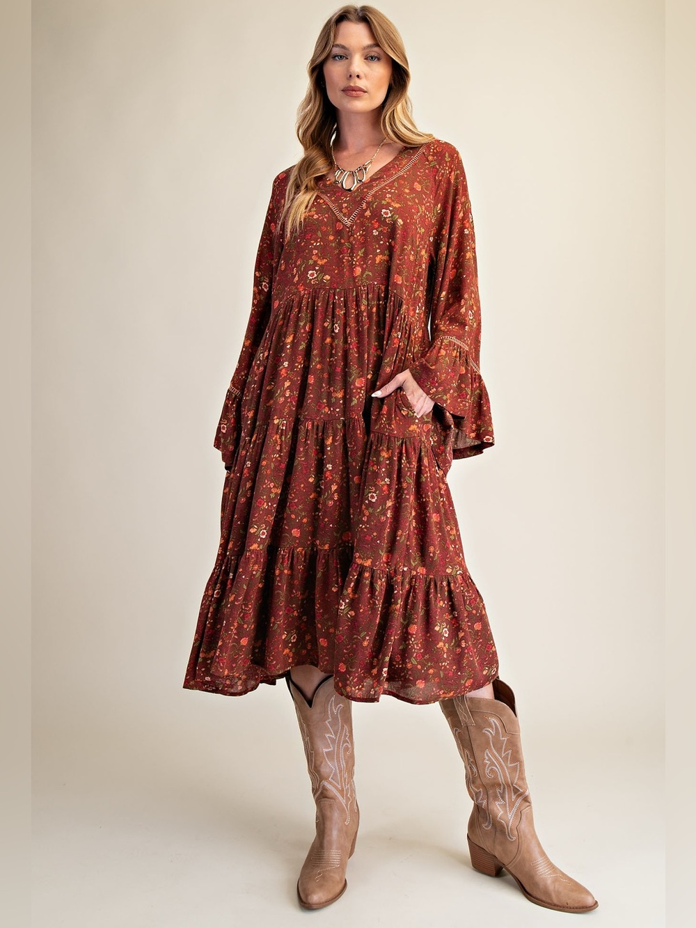 easel Rust Floral Tiered Maxi Dress